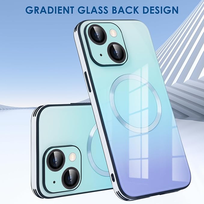 Guppy Compatible with iPhone 15 Plus Case Magnetic, with Full Camera Lens Protector [Compatible with MagSafe] Scratch Resistant Gradient Glass Back Cover Phone Case-Blue