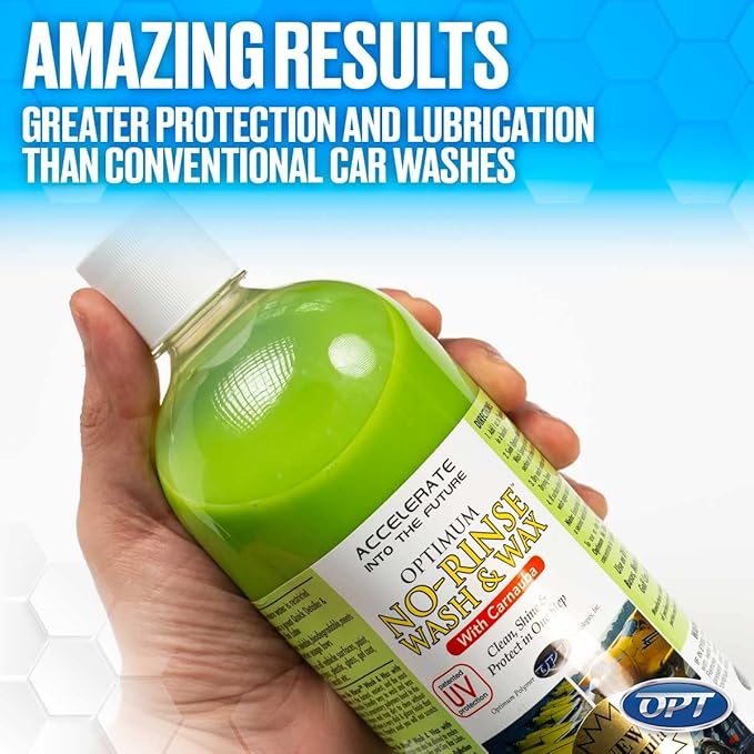 Optimum No Rinse Wash and Wax – Rinseless Car Wash Formulated with Carnauba Wax with UV Protection - For Cars, RVs, Trucks, Motorcycles and more (8 oz.)