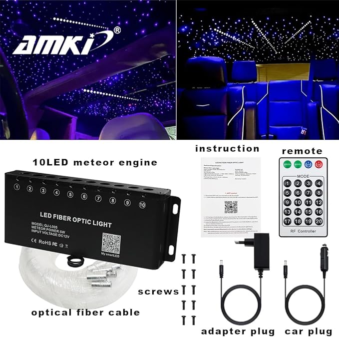 AMKI 100pcs*0.04in*13.1ft Pure White Shooting Stars Effect Fiber Optic Lights Kit,10Holes LED 5W Meteor Light Engine with Bluetooth+RF Remote Control 20 Meteor Modes