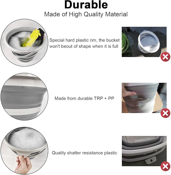 Collapsible Wash Bucket with Microfiber Mitt, 10L (2.6 Gallon) Portable Collapsiblle Buckett with Handle for Car Wash Household Cleaning, Multiuse Collapsibles Water Bucket and Car wash mitt - Grey