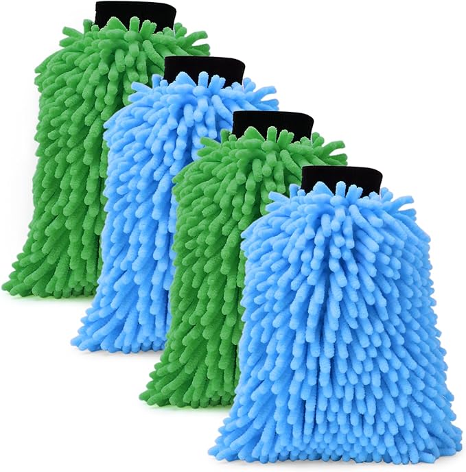4Pcs Car Wash Mitt Microfiber Gloves Chenille Material Microfiber Towels for Car Washing Supplies Kit Scratch Free Cleaning Sky Blue + Green