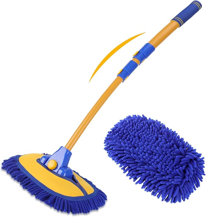 15° Curved Car Wash Brush with 43" Telescopic Handle – Microfiber Chenille Car Wash Mop for RV, SUV, Truck & Boat – Soft, Scratch-Free Extendable Cleaning Tool (Blue&Yellow)