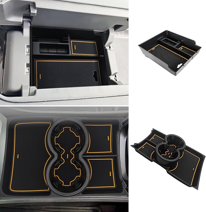BestEvMod for Rivian R1T & R1S Armrest Storage Box and Cup Holder Lower Center Console Organizer Tray 2PCS with PVC Trim Compatible with Rivian R1T/R1S 2022-2024 Accessories (2PCS Yellow)