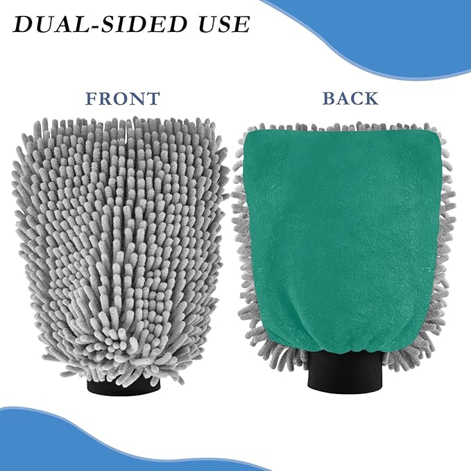 Qilmy Lake Green Microfiber Chenille Car Wash Sponge Scratch Free Car Wash Mitt Absorbent Mitt Sponge for Trucks SUVs Car Washing Home Cleaning, Large