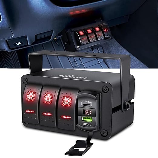 Nilight 3 Gang Rocker Switch Box 12V SPST ON Off Toggle Switches PD Type C and QC 3.0 USB Charger Voltmeter LED Light Waterproof Aluminum Mount Bracket Panel DIY Stickers for Boat Car RV Truck