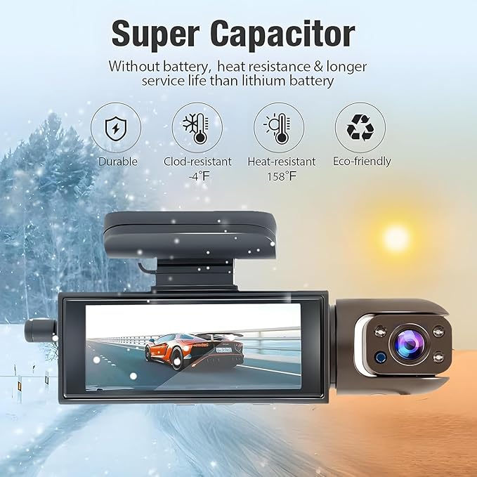 Dashcam Front and Inside,Car Camera Dash Cam for Cars,Driving Recorder with IR Night Vision,Loop Recording,Wide Angle Lens,3.16 Inch IPS Screen,Parking Mode (Black)