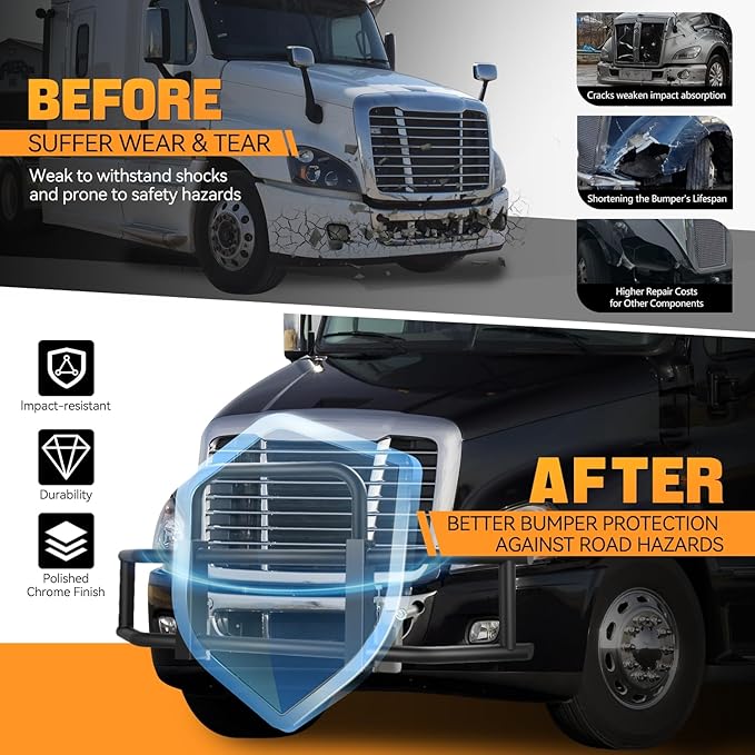 Auto Dynasty Front Bumper Brush Bull Bar Deer Guard Compatible with 2008-2017 Freightliner Cascadia, 3mm Thick Iron Tubing, Powdercoated Matte Black