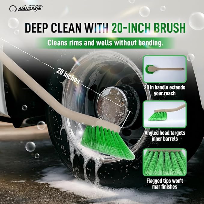 Nanoskin Professional 20-Inch Angled Tire & Wheel Cleaning Brush - Durable Green Polystyrene Bristles for Effective Auto Detailing, Gentle Car Wash Tool | Long-Handled Scrub Brush for Trucks and RVs