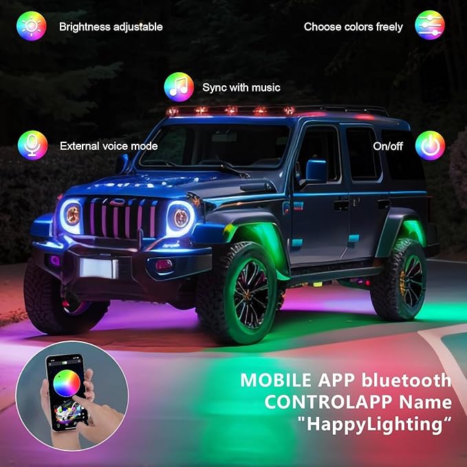 RGB LED Rock Lights Kit, 4 pods Underglow Multicolor Neon Light Pod with Bluetooth App Control Flashing Music Mode Wheel Well Light for Truck ATV UTV RZR SUV