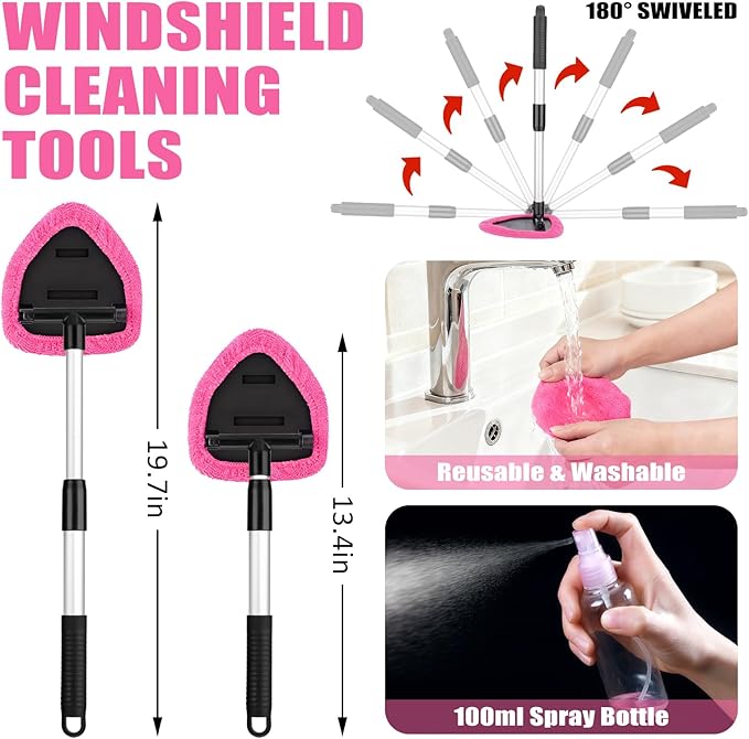 AUTODECO Windshield Cleaner Tool, 17Pcs Car Interior Detailing Kit, Detailing Brush, Towels, Duster, Car Cleaning Kit Interior for RVs, Truck, Trailer (Pink)