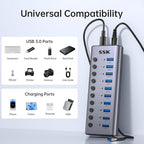 SSK 10 Port Powered USB 3.0 Hub, 60W Aluminium USB Charging Hub with DC 12V5A Power Adapter, Supports Simultaneous Fast Charge and 5Gbps Data Transmission,USB Extender Hub with 3.96ft/1.2m Long Cable