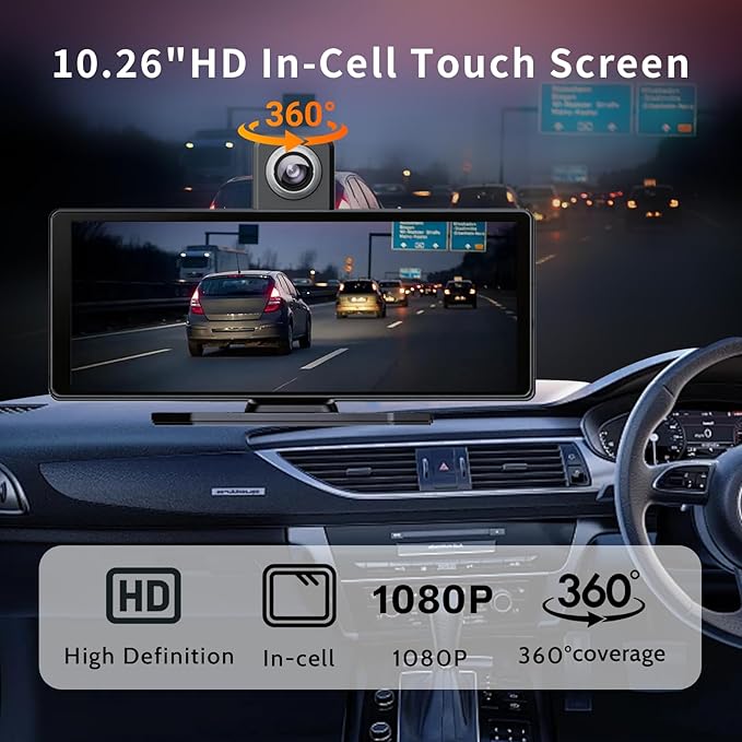 10.26 Inch Wireless Apple CarPlay & Android Auto Screen for Car with 4K Dash Cam,Ultra-Light Touchscreen, IP68 1080P Backup Camera, GPS Navigation, Voice Control, Mirror Link(No Card)