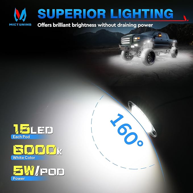 MICTUNING 2026 Upgraded White Rock Lights Super Bright Underglow Lighting Kit - 180 LEDs 12 Pods Pure White Led Rock Light, Extensible Underbody Lights for Trucks ATV UTV Boat