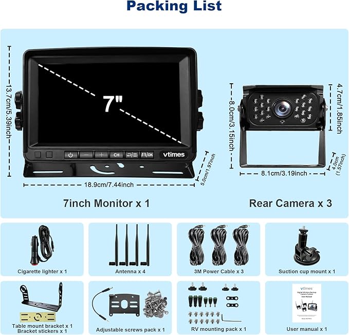 3-Camera Wireless RV Backup System, RV Backup Camera Wireless with 7'' HD Monitor for Truck, 4 Channels Split Screen, BSD Alert, 984FT Signal Range, IP69K Waterproof IR Night Vision, DIY Guide Lines