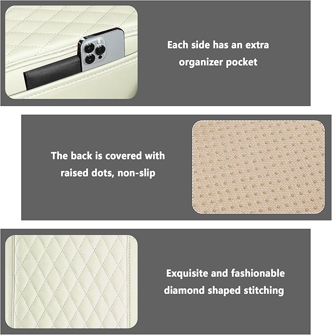 Stacool Upgraded Car Center Console Cover,Microfiber Leather Car Armrest Cover Cushion with 2 Storage Bags,Universal Car Armrest Storage Box (Cream)