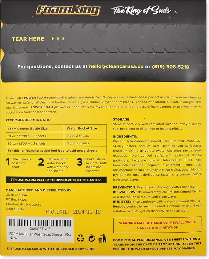 Foam King Car Wash Soap Sheets - 5 Car Washes, No Plastic Bottle, Concentrated Foam Wash Soap - For Foam Cannons, Foam Guns, Bucket Wash. Safe for Cars, Trucks, Motorbikes - 10 Sheets, Citrus Scent