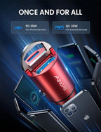 AINOPE 90W Super Fast Car Charger, Invisible USB C 45W Car Charger Fast Charging Type C, [Mini&Metal] Cigarette Lighter USB Adapter Fits Samsung Galaxy S25 Ultra S24 iPhone 16 15 Pro Max Piexl, Red
