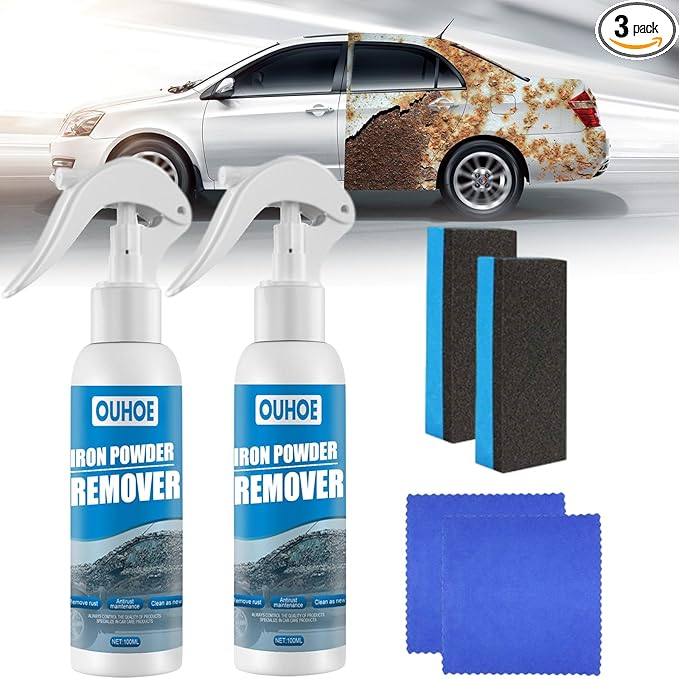 Iron Powder Remover, 100ml Iron Remover Car Detailing, Multipurpose Car Rust Removal Spray, Safe Instant Iron Powder Remover Spray Car Iron Remover for Wheels, Paint, Brake (2pc 3.5oz)