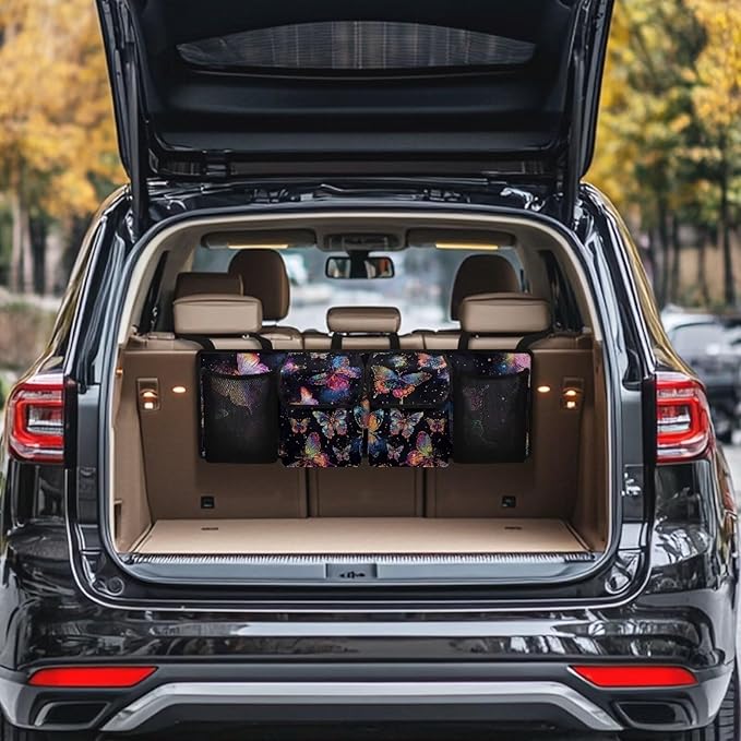 Colorful Butterfly Car Trunk Organizer with 4 Storage Bags Hanging Waterproof Car Back Seat Organizer for SUV,Truck,Van Collapsible Cargo Bag