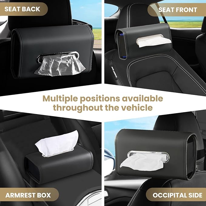 Car Tissue Holder, WHHMK Tissue Box Cover Keep Car Tidy, Premium PU Leather Backseat Napkin Rectangle Organizer, Extra Large Tissue Box Storage in Auto Fits for 100-150 Regular Size Tissues, Black