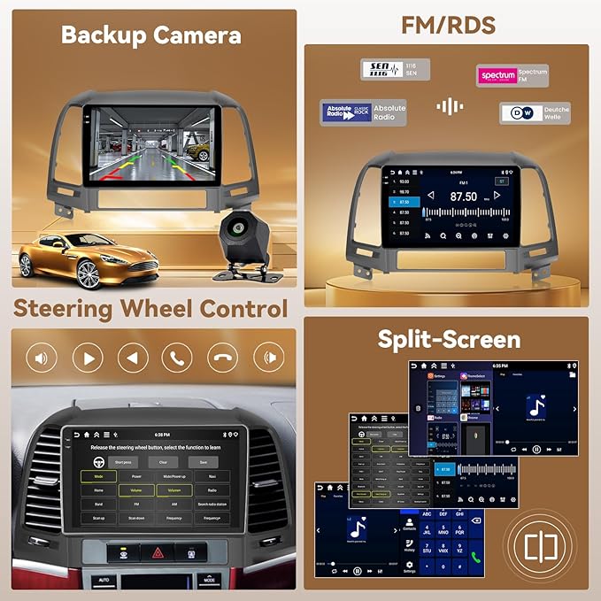 [4+128G] Android 15 Car Stereo for Hyundai Santafe 2006-2012, Hikity 9'' in-Cell Touchscreen Santafe Radio Wireless Carplay Android Auto 5G WiFi Bluetooth 5.0 Mirror Link GPS SWC FM/RDS/EQ Backup Cam