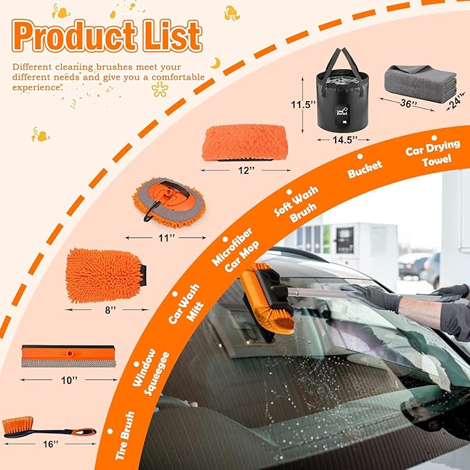 LAANPOLE 12FT Car Wash Brush with Long Handle, Car Cleaning Kit with Soft Bristle Wash Brush, Microfiber Cleaning Mop, Window Squeegee, Mitt, Wheel Brush, Bucket, Drying Towel for RV, Truck, Boat