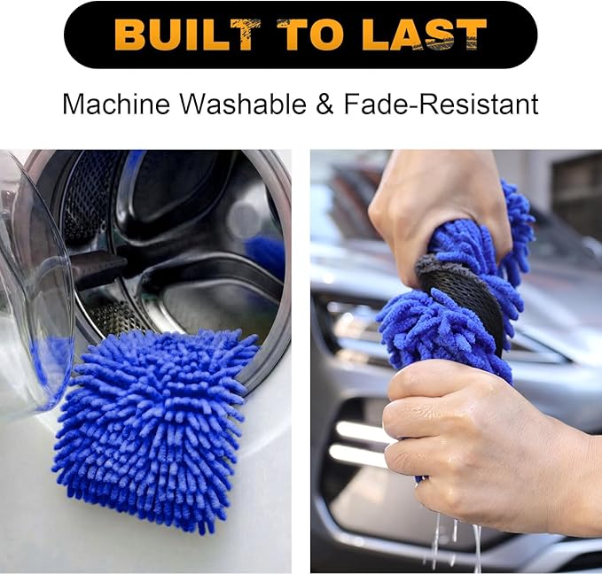 2Pack Premium Car Wash Mitt, Scratch-Free 2-in-1 Dual-Side Chenille Microfiber Gloves for Auto Detailing, Safe on Paint, Glass, Chrome – for Cars, Trucks, SUVs, RV & Motorcycle (Blue)