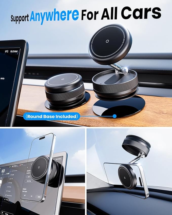 2026 Upgraded 360° Vacuum Magnetic Car Phone Holder for Magsafe [96+LBS Strongest Suction & 2800gf Strongest Magnetic], Adjustable Car Phone Mount for Your Car/Gym/Mirror/Shower for iPhone & Android
