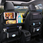 Car Back Seat Organizer with Foldable Table Tray, PU Leather Backseat Organizer for Kids Toddlers Travel, Car Kick Mats Seat Back Protector Storage Pocket with Touch Screen Tablet Holder