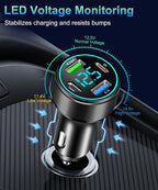 2 Packs of 66W USB C Car Charger 4 Port Car Charger Adapter with 30W PD, 3.1A Aluminium Alloy Car Cigarette Lighter USB Charger with LED Voltmeter Compatible with Phone 15 14 13