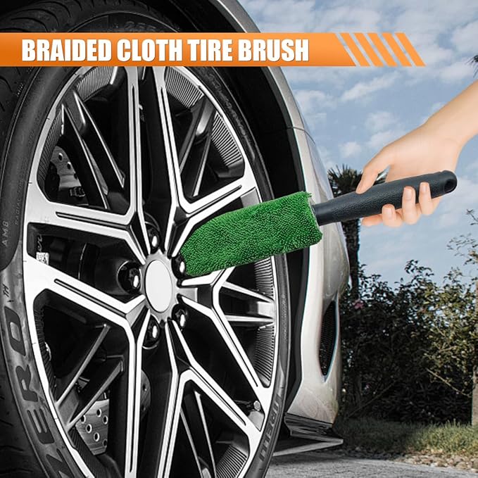 Craedli 9PCS Car Wash Detailing Tool Kit, Car Wash Mitt, Microfiber Cloths, Cleaning Sponge, Wheel Brush, Wax Applicator Pad, Universal Auto Interior & Exterior Cleaning Supplies (Green)