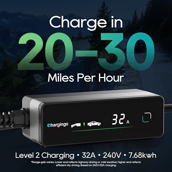 Level 2 EV Charger for SAE J1772 E, 32A 240V Portable EV Charger with NEMA 14-50 Plug, 25FT Cable, Adjustable 16A-32A, LCD Display, Plug-and-Play Fast Charging Station for Home/Outdoor