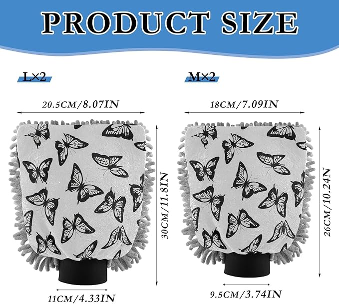Qilmy Black Butterfly Pattern Microfiber Chenille Car Wash Sponge Scratch Free Car Wash Mitt Absorbent Mitt Sponge for Trucks SUVs Car Washing Home Cleaning, Large