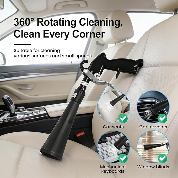 SakerPlus Dry Cleaning Gun, Air-Powered Car Interior Cleaning Tool with Vortex Airflow, Air Compressor Gun for Seats, Carpets, Floor Mats, Vents and Auto Detailing (2 Set Nozzle)