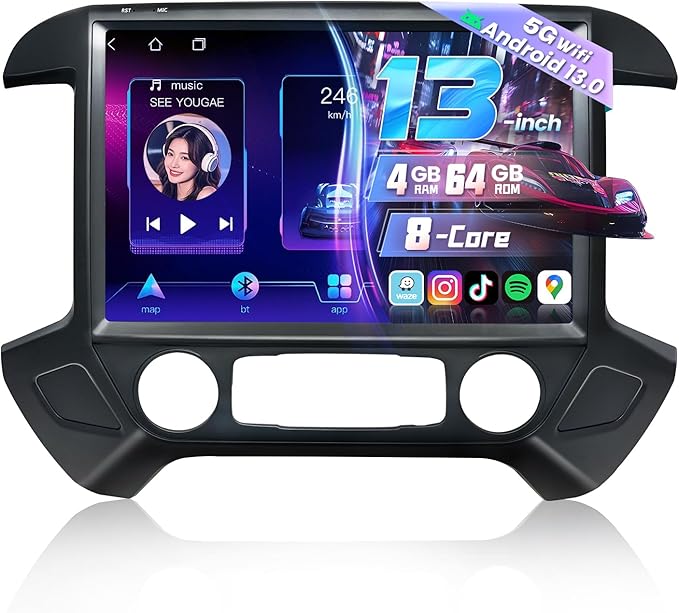 13.1 Inch 8 Core Car Radio for Chevy Silverado GMC Sierra 2014-2018 5Ghz WiFi IPS Touch Screen Silverado Stereo Wireless CarPlay Android Auto BT GPS FM/RDS Backup Camera MIC 4+64G,Black