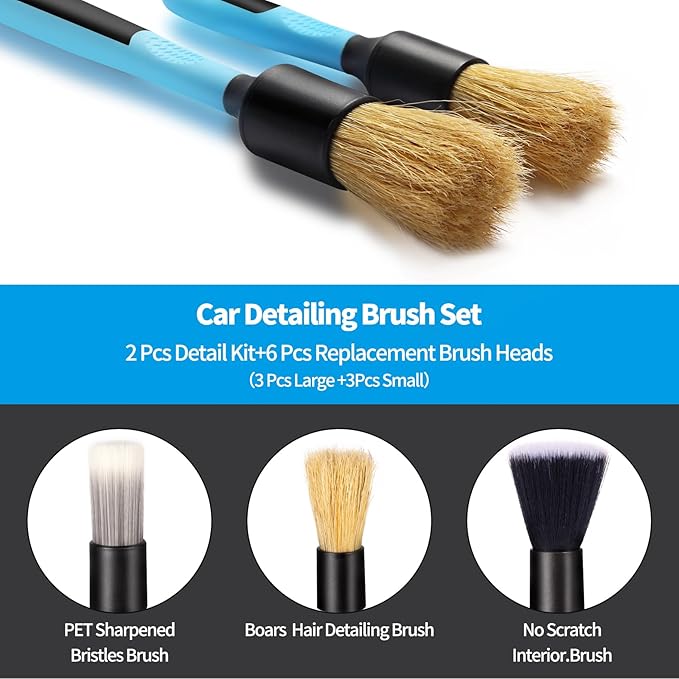 Car Detailing Brush Set, 6 Pack Soft Mixed Hair Auto Detail Brush Kit No Scratch for Automotive Elegant Surface Interior Exterior Dashboard Emblems Panels Engine Bay Wheels Air Vent Seat Leather