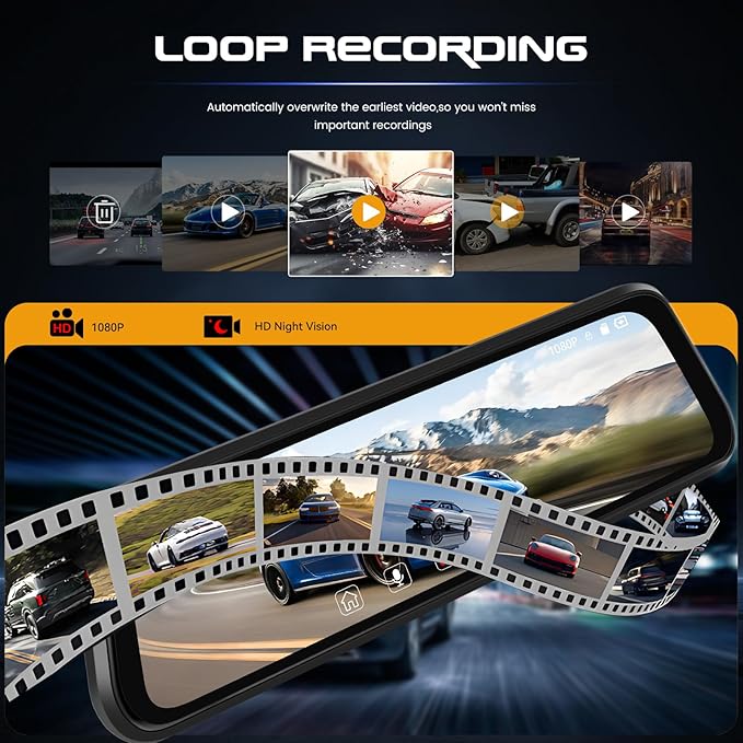 CAMECHO Mirror Dash Cam, 9.66" 1080P FHD IPS Touch Screen Rear View Mirror Camera, Front and Backup Camera for Cars, Dashcam Night Vision, Loop Recording, Wide Angle, Parking Assistance