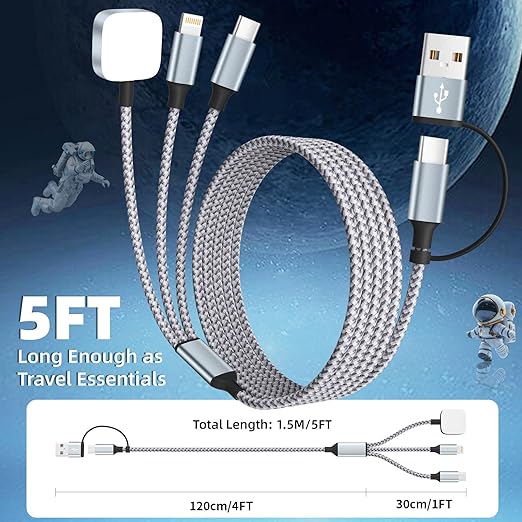 Travel Essentials 3 in 2 Charging Cable for Apple iWatch Charger (2Packs 5FT), UB-A/USB-C Multi Charging Cable/Cord for All Devices Compatible for iWatch Ultra/SE/10-1, iPhone16 15 14, Android, More