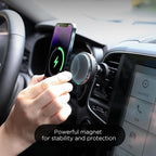 mooas Magnetic Car Mount Charger, Max.15W Fast wireless charger, Mag Safe car charger, Wireless car charger with air vent Mount, Cooling fan, Strong magnet, Compatible with iPhone, Galaxy, LG