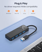 GiGimundo 4-Port USB Hub for Laptop, USB Hub Multiport Adapter 5Gbps Transfer, USB Splitter for Laptop, MacBook Pro/Air, iPad Pro, Dell, Chromebook, Keyboard, Mouse, HDD, Black