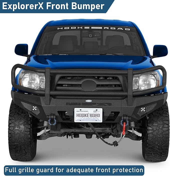 Hooke Road Tacoma Front Bumper Grille Brush Guard for 2005-2011 Toyota Tacoma 2nd Gen Pickup, Steel Push Bull Bar with Winch Plate & LED Lights, Full-Width Off Road Protection
