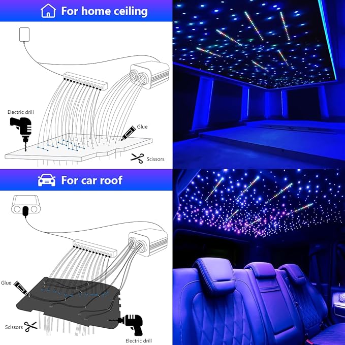 AMKI Dual Color 20W Twinkle Starlight Headliner Kit 800pcs*0.03in 13.1ft Cables+ RGB Meteor Shooting Star Fiber Optic Light Sound Activated APP/Remote Control for Car Roof Home Ceiling
