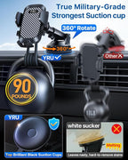 YRU True Military-Grade [360° Rotation Suction] 2026 Ultimate Car Phone Holder Mount 【90+LBS Safest Strongest & Patent Certs】 Dash Windshield Vent for iPhone 17 16 Pro Max Speaker Stands, Gloss Black