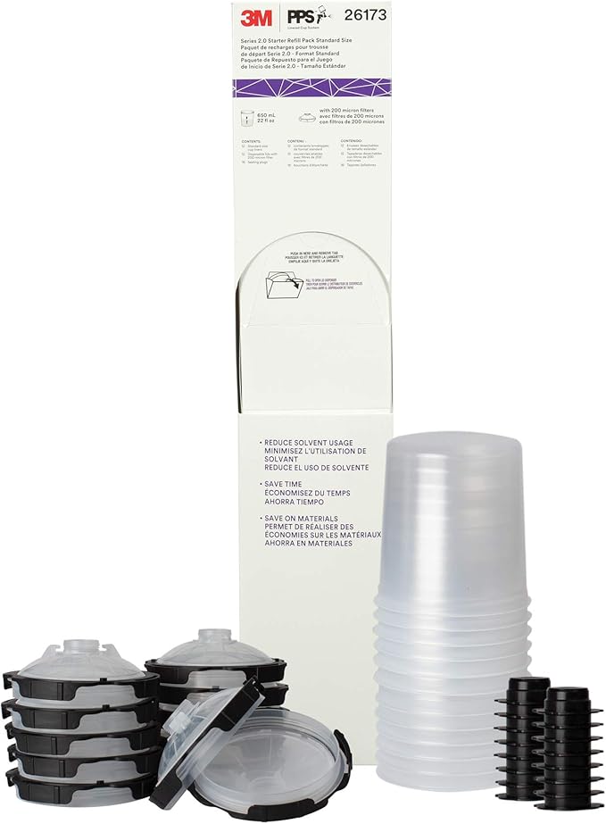 3M PPS 2.0 Paint Spray Gun System Refill Kit with Lids and Liners, 26173, Standard, 22 Ounces, 200-Micron Filter, Use for Cars, Furniture, Home and more,12 Disposable Lids and Liners,16 Sealing Plugs, Clear