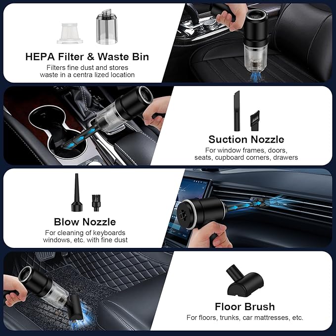 Handheld Cordless Car Vacuum, 3 in 1 Cleaner & Air Duster Blower & Hand Pump, 9000Pa High Power Mini Portable Dry Vacuum With LED Light for Car, Home, Pet