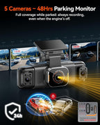 IIWEY N9 5 Channel Dash Cam 360° View, 5.8G WiFi-6 with App, Free 128GB Card, FHD Front & Rear Inside, Left, Right Dash Camera for Car, 12 IR Lights Night Vision, GPS, 24/7 Parking Mode, G-Sensor