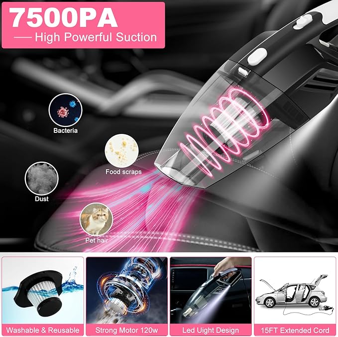 AUTODECO 20Pcs Car Cleaning Wash Kit Interior Detailing Cleaner Kit with High Power Handheld Vacuum, Brush Set, Windshield Tool, Duster, Towels, Complete Car Care Tools, Pink