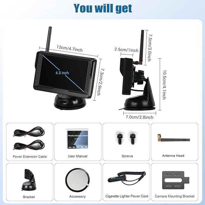 Wireless Backup Camera for Car 4.3 Inch Monitor Digital Signal Stable Rear View Camera Night Vision for Truck/Car/Pickup/SUV/ IP69 Waterproof with License Plate Backup