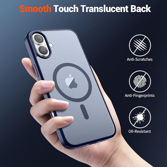 SUPFINE Magnetic for iPhone 16 Case (Compatible with MagSafe) (Military Grade Drop Protection) Slim Translucent Matte Shockproof with Anti-Fingerprint Phone Case,Navy Blue