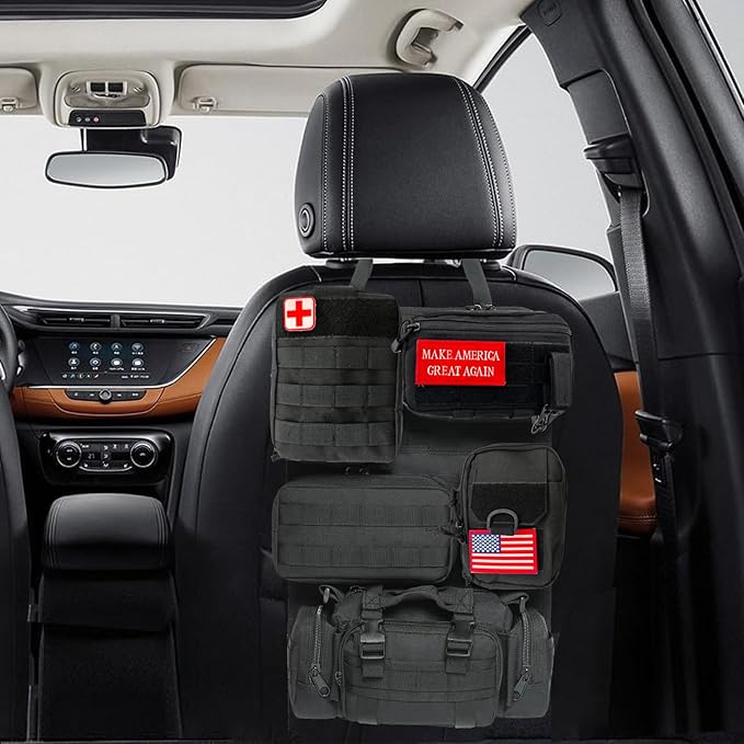 Tactical Car Seat Back Organizer,Tactical Molle Seat Back Organizer with 5 Detachable Molle Pouch,Velcro Label Can Be Removed,Universal Fits for Car Truck Jeep Vehicle
